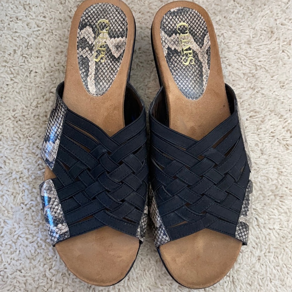 Chaps black sandal wedges with snake skin detail